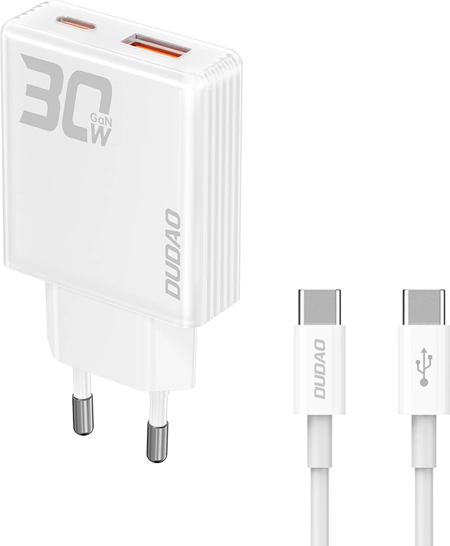 Karikues muri Dudao A30EUT GaN 30W me 2 porta USB-A/USB-C dhe kabllo USB-C në USB-C, Bardhë