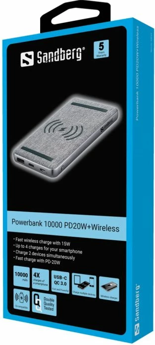powerbank Sandberg 420-61 10000 mAh PD 20W + wireless Qi, gri, set me kabllo