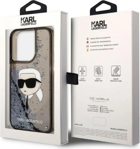 Mbështjellës, Karl Lagerfeld, Liquid Glitter Karl's Head, për iPhone 14 Pro Max 6.7", TPU/PC hardcase, i zi