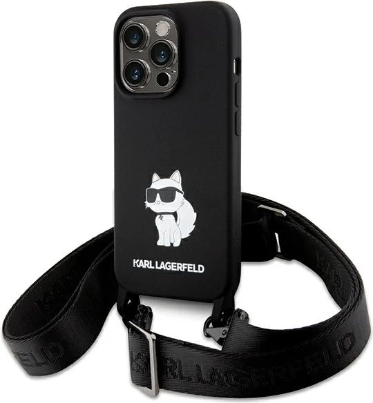 Mbështjellës Karl Lagerfeld Crossbody Silicone Choupette për iPhone 15 Pro Max, i zi, me rrip