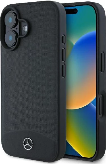 Mbështjellës Mercedes për iPhone 16, MagSafe, lëkurë teksturë dhe e lëmuar, e zezë