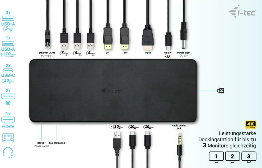 Docking station I-Tec USB-C Triple Display Gen 2 Pro, 100W, 3x monitor, 6x USB, LAN, e zezë