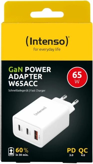 karikues INTENSO W65ACC 65W GaN, 2xUSB-C + 1xUSB-A, prizë EU, i bardhë
