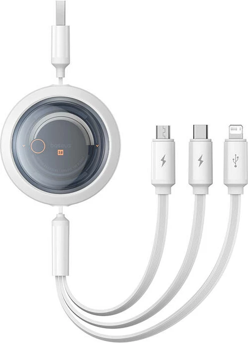 Kabllo karikimi 3-në-1 Baseus Free2Draw, USB në micro USB + USB-C + Lightning, 1.1m, e bardhë