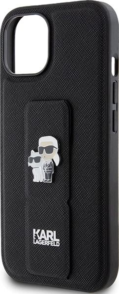 Mbështjellës Karl Lagerfeld Gripstand Saffiano Karl&Choupette Pins për iPhone 15, i zi
