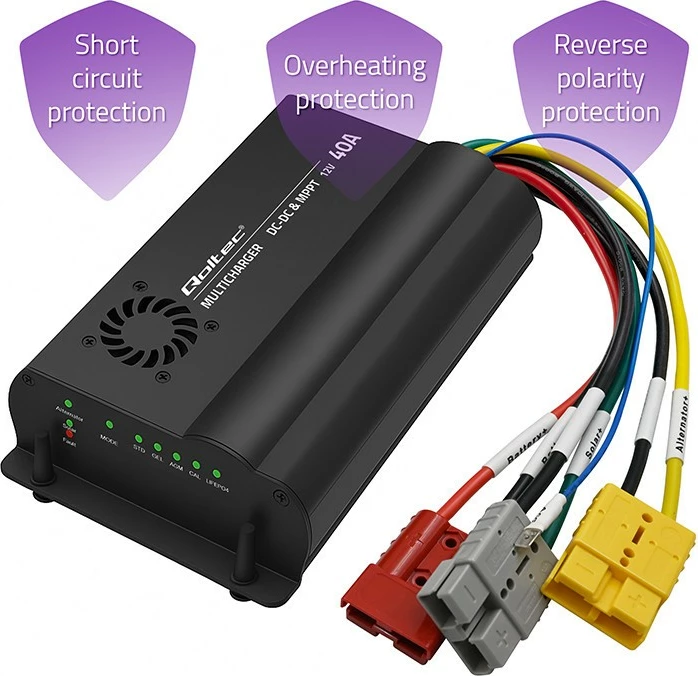 Karikues automatik DC-DC Qoltec 51921, 12V, 40A, me MPPT, për bateri LiFePO4 AGM GEL STD, Zi