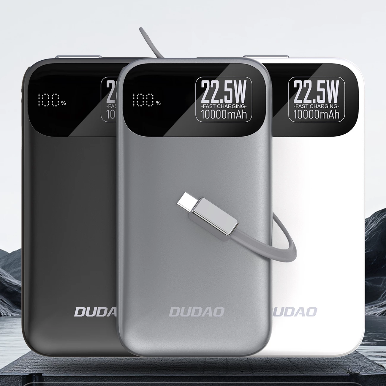 Powerbank Dudao K31, 10000 mAh, 22.5W, me kabllo të integruar, Gri