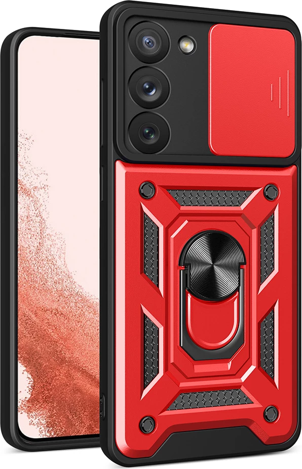 Mbështjellës Hurtel Hybrid Armor Camshield për Samsung Galaxy S23+, me kapak kamere, unazë metalike, Kuq