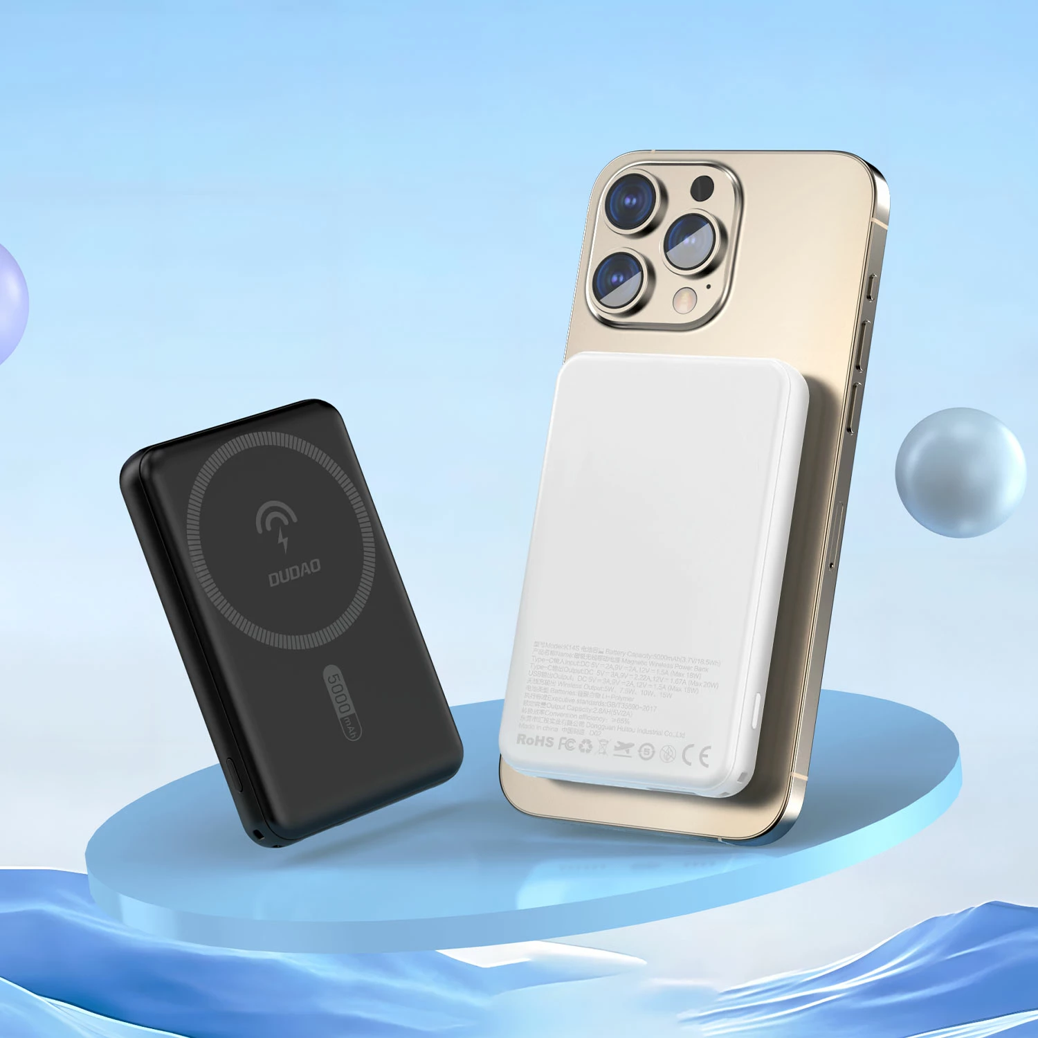 Powerbank Dudao K14S, 5000mAh, MagSafe, USB-C/USB-A, e bardhë