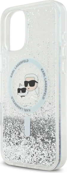 Mbështjellës Karl Lagerfeld Liquid Glitter Karl & Choupette Head MagSafe për iPhone 16 Plus, Transparent