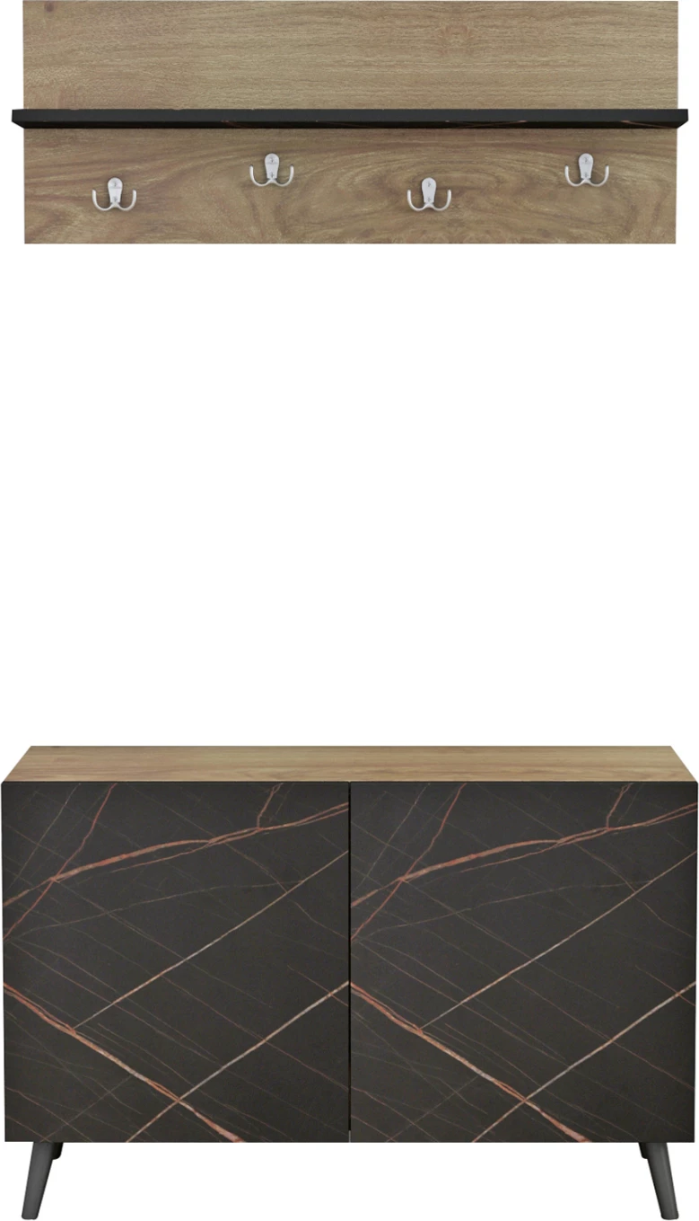 Set mobiljesh për hyrje DELPHINE FH8876.12 melaminë në ngjyrë mermeri të zi-dru natyral 80x31,3x41,5Hcm