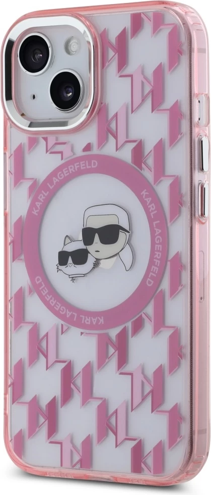 Mbështjellës Karl Lagerfeld IML Monogram Karl & Choupette Head MagSafe për iPhone 15 Plus, Rozë