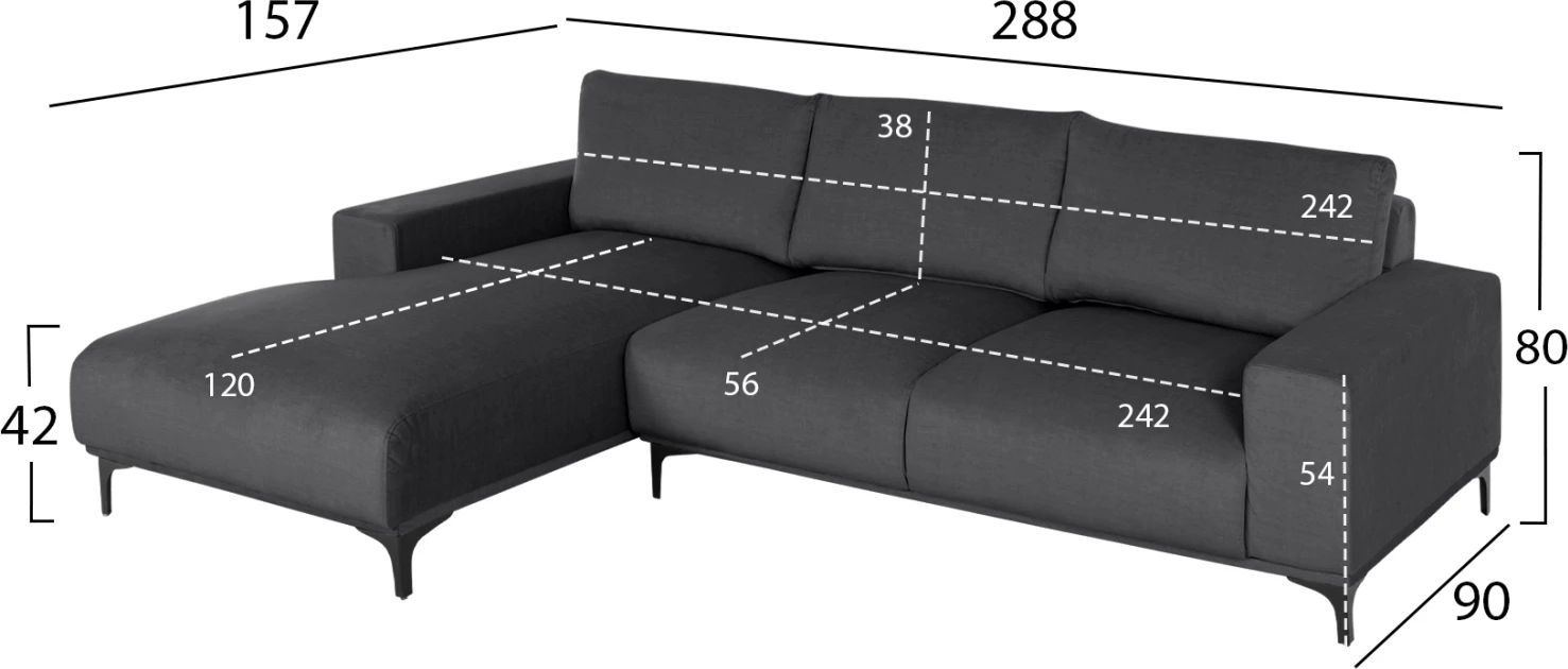 Divan qoshe (majtas) NOA FH3278.02L, pëlhurë antracit, 288x90-157x67-80H cm