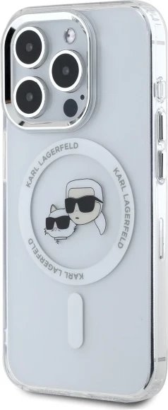 Mbështjellës Karl Lagerfeld IML Metal Karl&Choupette Head MagSafe për iPhone 15 Pro, Bardhë