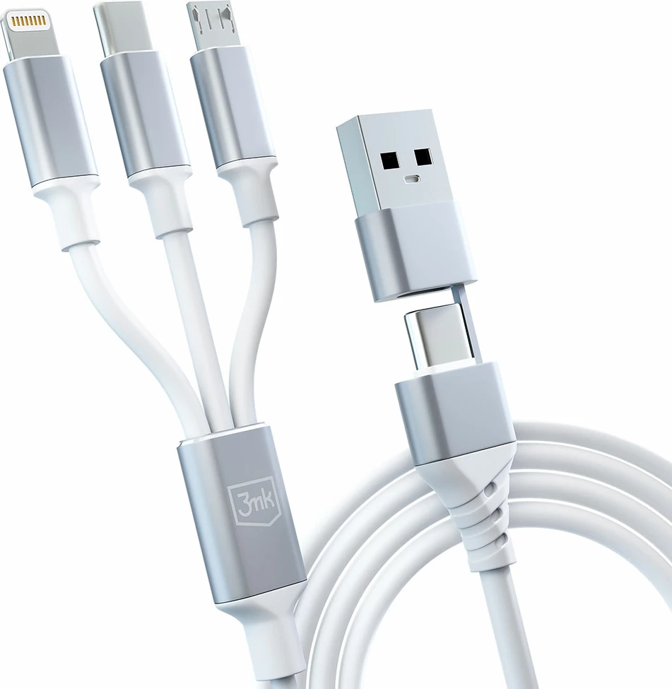 Kabllo 3in1 3mk Hyper Cable, 1.5m, USB-A në USB-C/Micro USB/Lightning, Bardhë