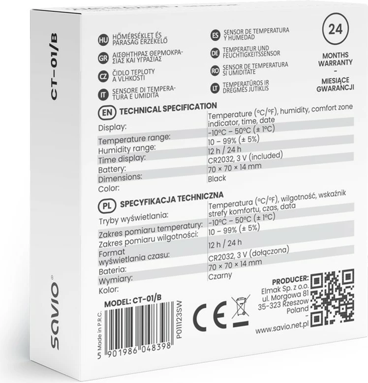 Sensor temperature dhe lagështie Savio CT-01/B, me ekran LCD, orë, datë, magnet, i zi
