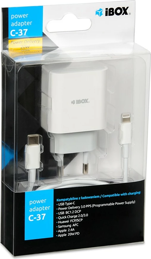 Adapter karikimi murit iBOX C-37, USB-C, 20W, Bardhë
