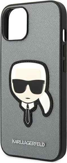 Mbështjellës Karl Lagerfeld KLHCP14SSAPKHG për iPhone 14 6.1", Saffiano Karl's Head Patch, argjend