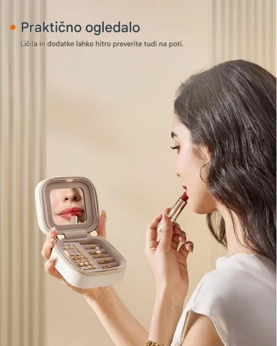 Kuti bizhuterish udhëtimi SONGMICS HOME ANAH JBC179W01 10.5×10.5×6 cm me pasqyrë, zinxhir, PU/velur, Cloud White