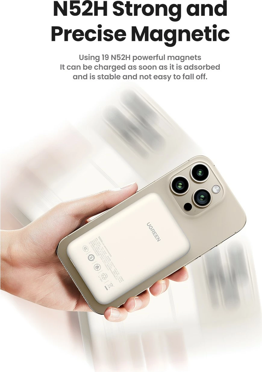 Powerbank Ugreen 25208, 10000 mAh, Power Delivery 3.0, wireless, bezhë