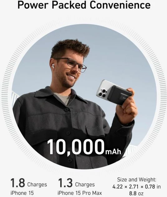 Power bank ANKER MagGo 633 (A1654G11) 10000mAh, Qi2 15W wireless, USB-C, me ekran, me mbajtëse, e zezë, set me kabllo USB-C në USB-C 0.6m