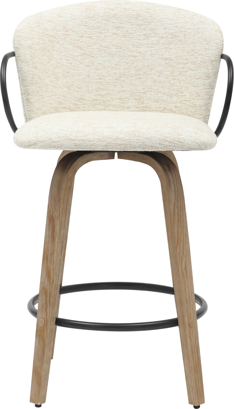 Karrige për bar, lartësi mesatare, NEBOR, FH9986.01, këmbë dru, metal i zi, pëlhurë ecru, 53.5x51x90 cm, set prej 2 copë