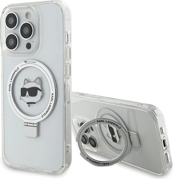 Mbështjellës Karl Lagerfeld Ring Stand Choupette Head MagSafe për iPhone 15 Pro 6.1", Bardhë