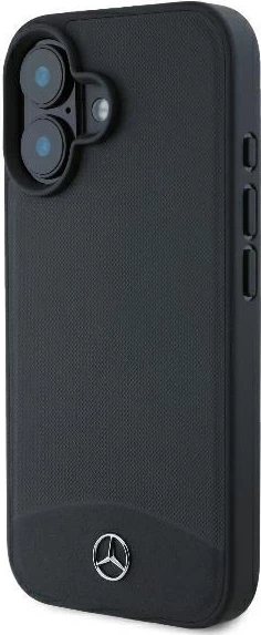 Mbështjellës Mercedes për iPhone 16, MagSafe, lëkurë teksturë dhe e lëmuar, e zezë