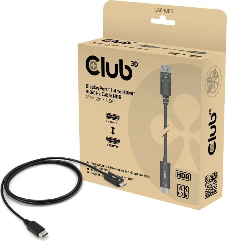 Kabllo Club3D DisplayPort 1.4 në HDMI, 2m, 4K60Hz, e zezë