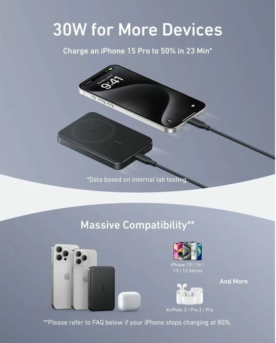 Powerbank magnetik wireless ANKER MagGo 10K Slim A1664, 10000mAh, Qi2 15W, USB-C 30W, e zezë, me kabllo USB-C në USB-C 60 cm