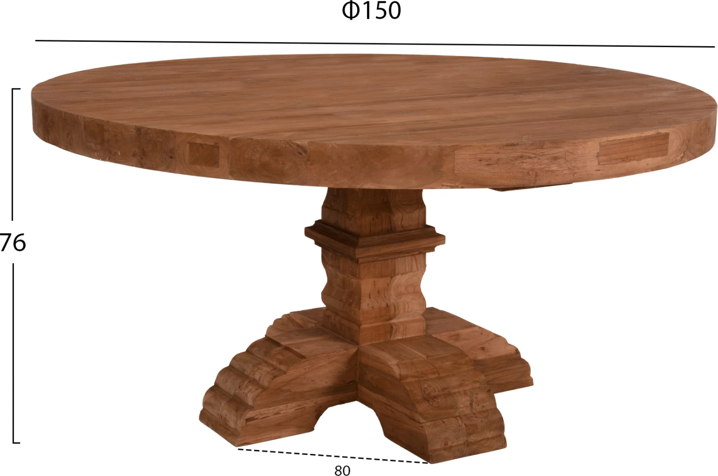 Tavolinë rrumbullake Provence, dru tik i ricikluar, këmbë të gdhendura, FH9643, Φ150x76 cm