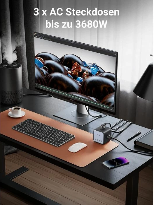 Shirit rryme/karikues UGREEN DigiNest Cube 60113 65W 7-në-1 GaN III 2xUSB-C 2xUSB-A 3xpriza AC kabllo 1.8m, zi/gri