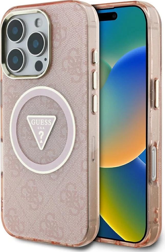 Mbështjellës Guess IML Metal Glitter 4G Circle Triangle MagSafe për iPhone 16 Pro Max, Rozë
