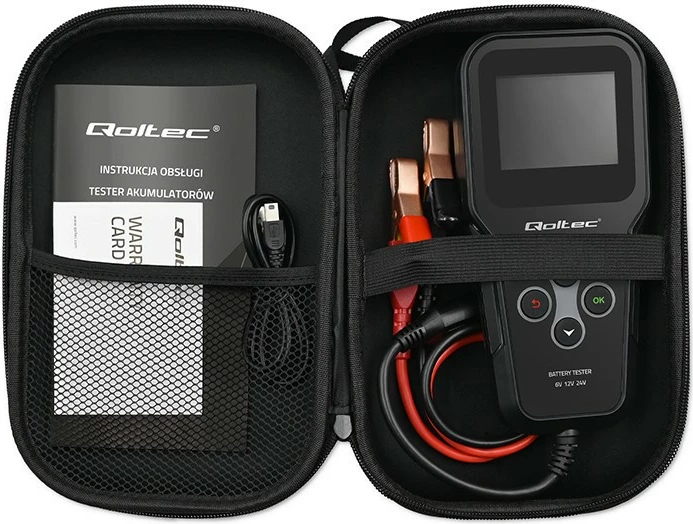 Tester baterie Qoltec 3-në-1, model 52489, LCD, 6V/12V/24V, i zi, me etui
