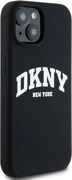Mbështjellës DKNY Liquid Silicone me logo të bardhë, MagSafe, për iPhone 14/15/13, Zi
