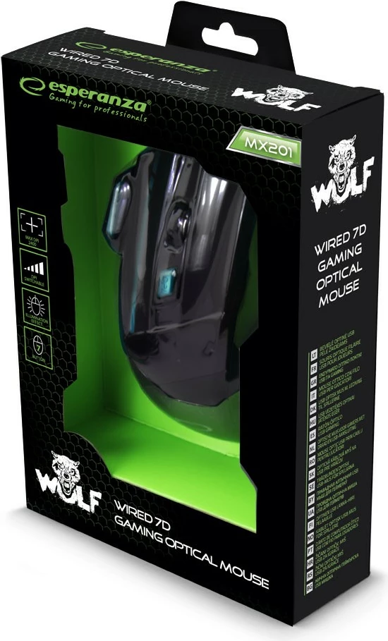 Maus gaming Esperanza WOLF EGM201B, me tela, 7 butona, 2400 DPI, zi/blu