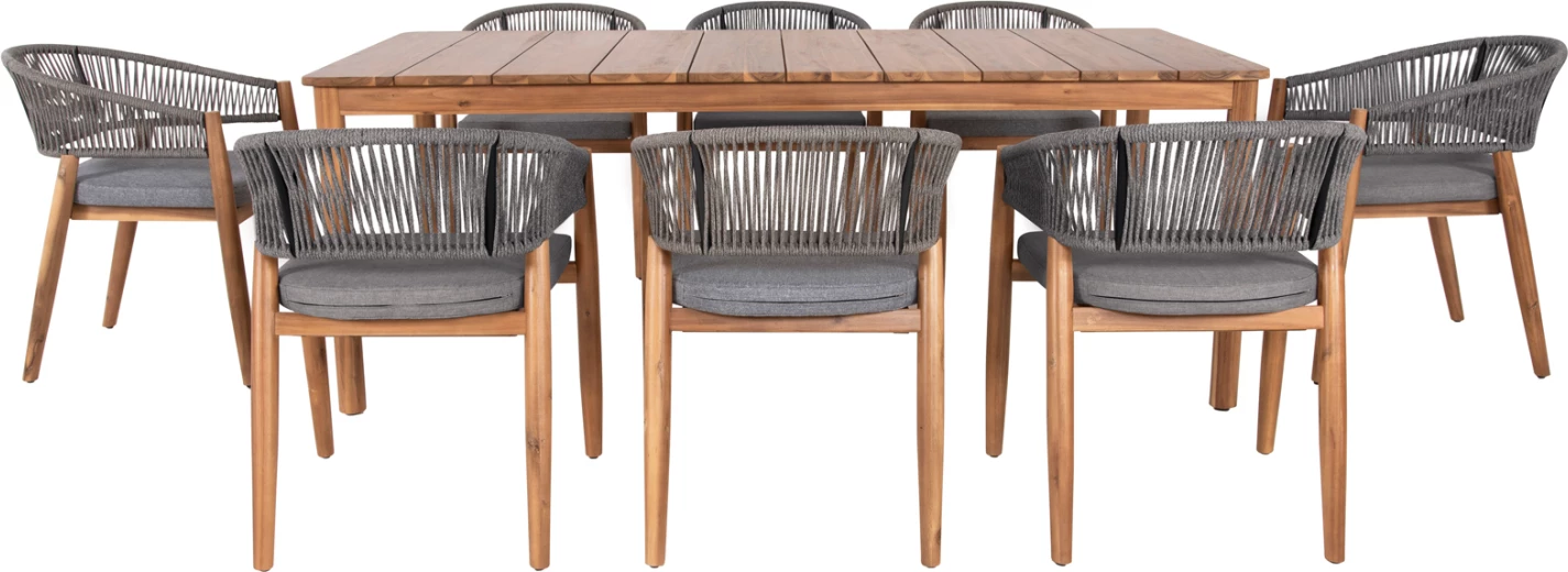 Tavolinë me karrige për terasë 9 copë NAVANT FH21066.01, dru akacie, litar gri