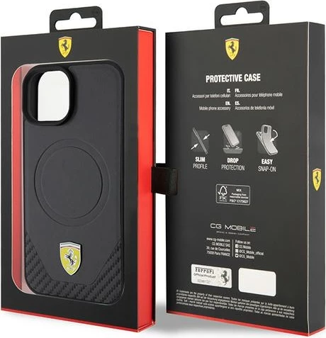Mbështjellës Ferrari FEHMP15SPTEK për iPhone 15 6.1", Carbon Metal Logo, MagSafe, i zi