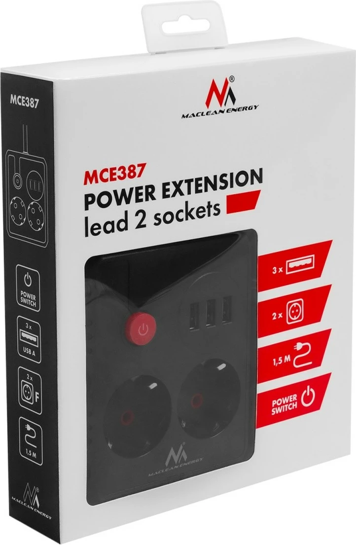 Prizë zgjatëse Maclean MCE387 B, 2 Schuko + 3 USB, 2500W, kabllo 1.5 m, me ndërprerës, e zezë