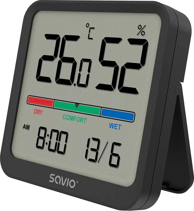 Sensor temperature dhe lagështie Savio CT-01/B, me ekran LCD, orë, datë, magnet, i zi