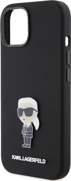 Mbështjellës Karl Lagerfeld Silicone Ikonik Metal Pin për iPhone 15, i zi