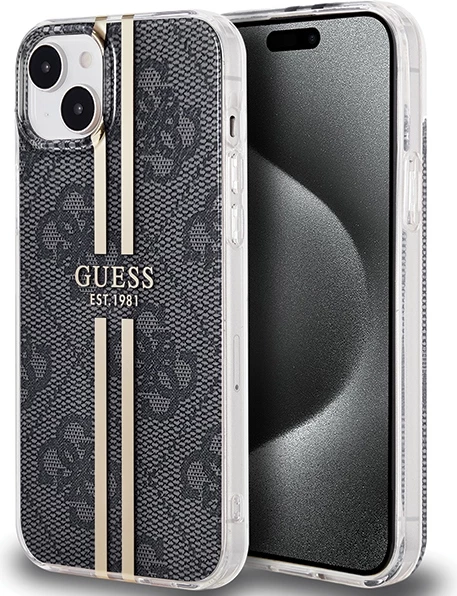 Mbështjellës Guess IML 4G Gold Stripe për iPhone 15 Plus / 14 Plus, i zi