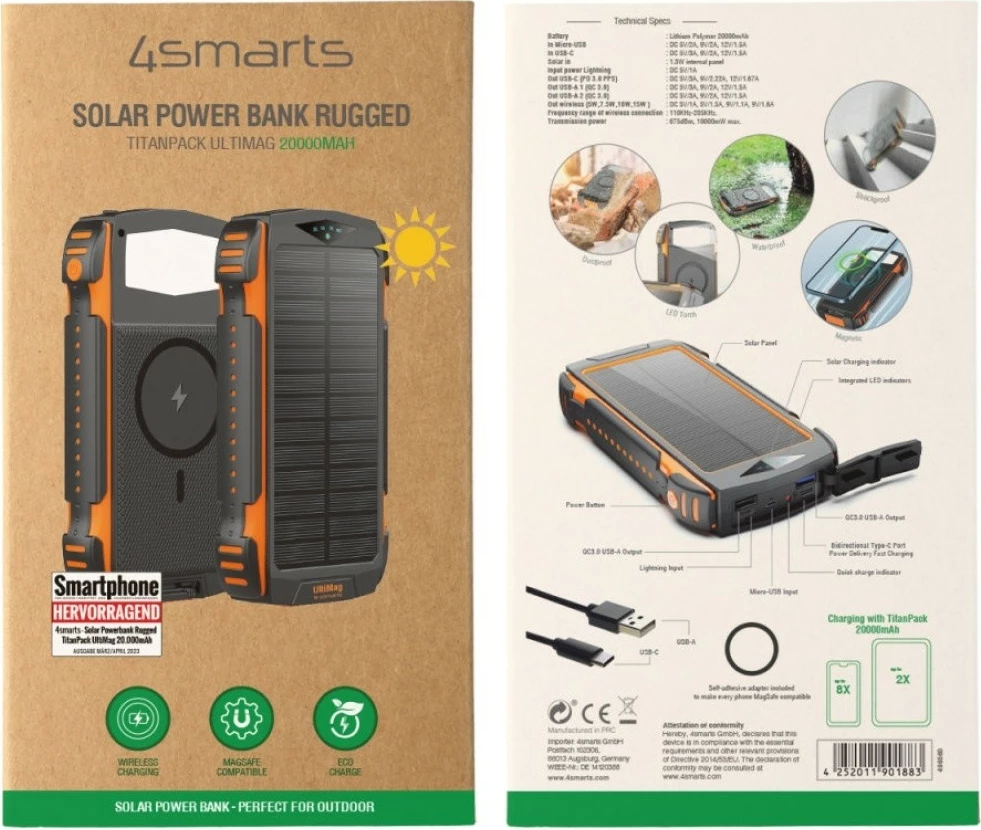 Powerbank solar i qëndrueshëm 4smarts TitanPack Rugged UltiMag 20000mAh, Qi 15W, PD/QC 3.0, MagSafe magnetik, porte USB-C/USB-A/Lightning/Micro-USB, zi/portokalli
