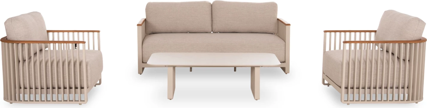 Set salloni për jashtë, 4 pjesë, kornizë alumini, ngjyrë krem, jastëkë bezhë, mbështetëse teak, tavolinë me sipërfaqe guri të sinterizuar, Candeo ETERNITY