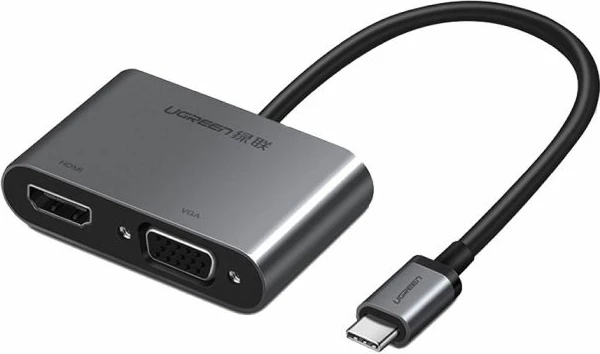 Adapter USB-C në HDMI + VGA me PD, UGREEN 50505, 4K@30Hz, 1080p@60Hz, kabllo 25 cm, gri, me kuti