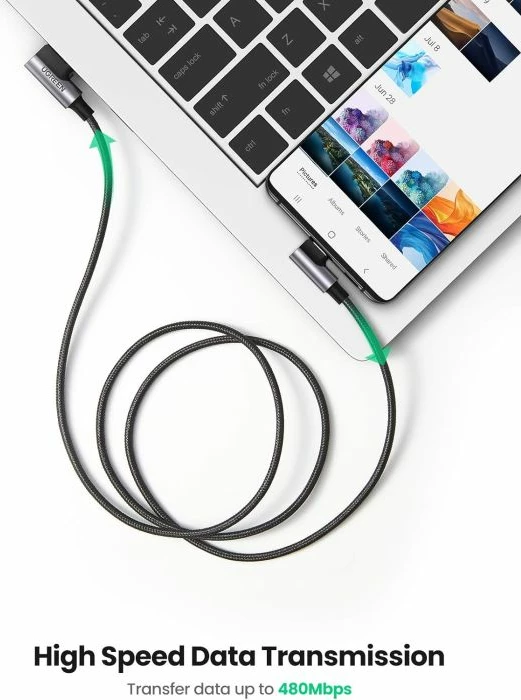 Kabllo USB-A në USB-C UGREEN 20857, 2m, 90° (right-angle), karikim i shpejtë 18W, 480Mbps, e thurur, e zezë