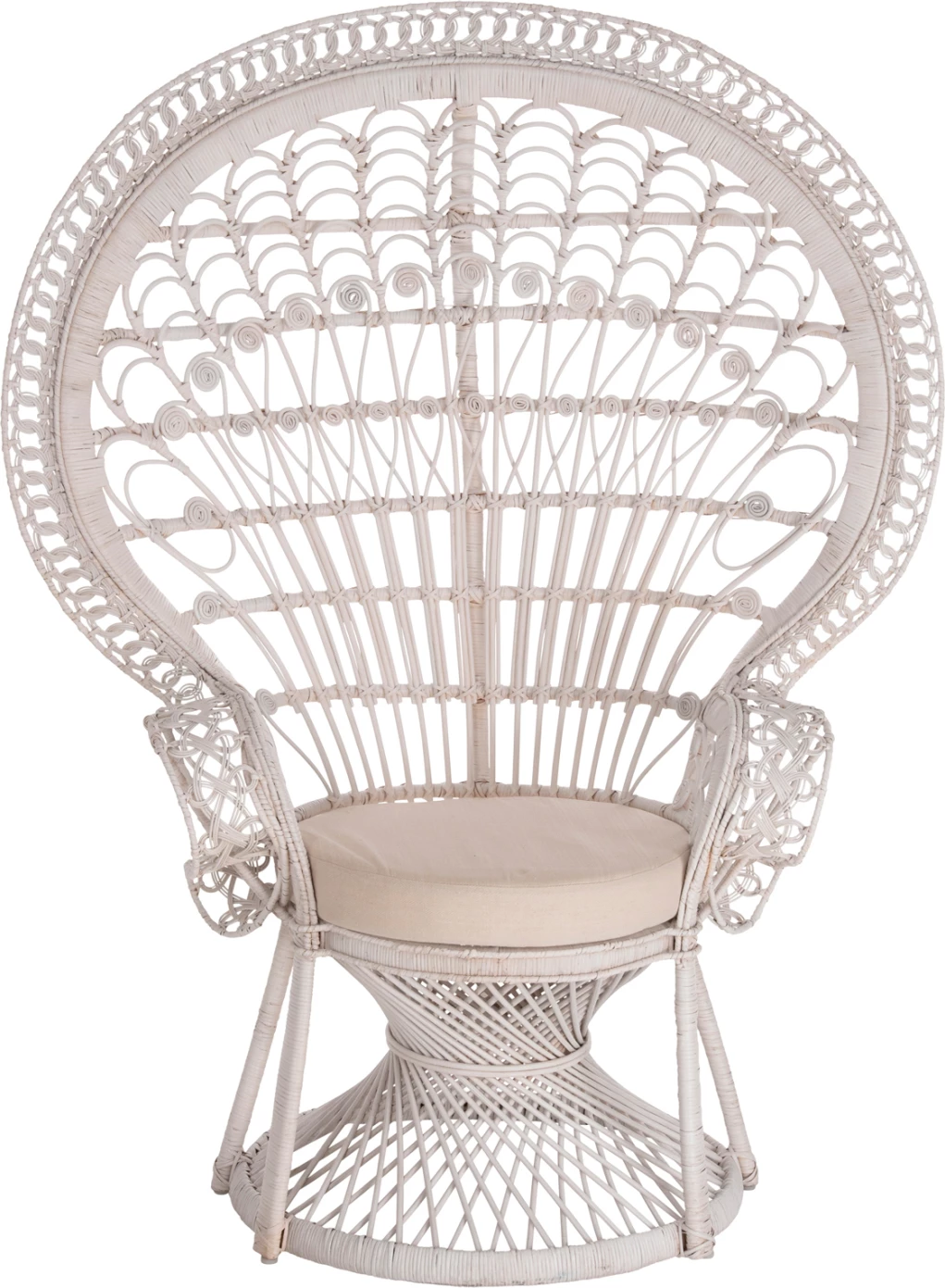 Fotelja ROYAL PEACOCK FH9342.02, ratan, ngjyrë e bardhë, jastëk i bardhë, 114x72x150Hcm