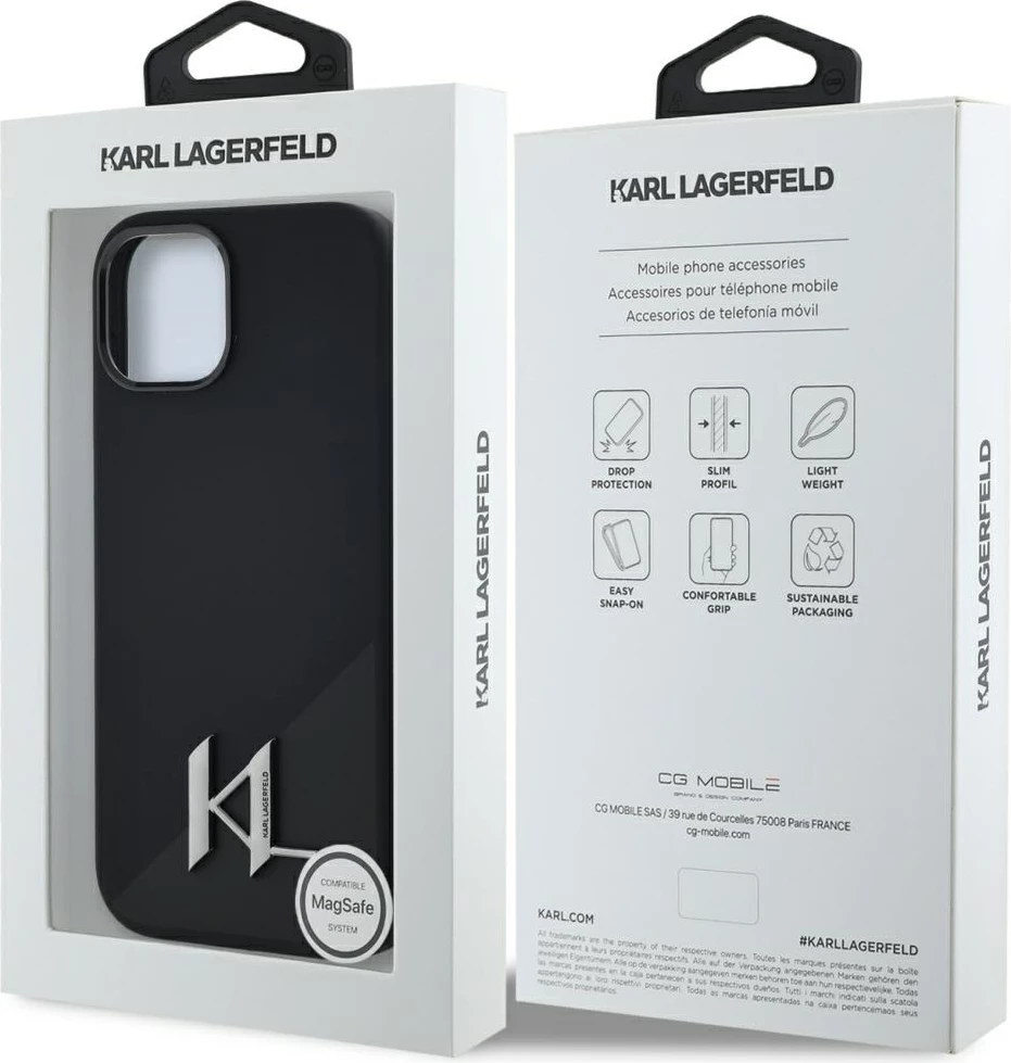 Mbështjellës Karl Lagerfeld Silicone Shadow Metal Initial MagSafe për iPhone 15, i zi
