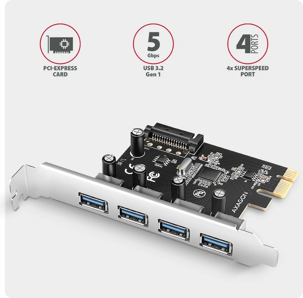 Kasë zgjerimi AXAGON PCEU-430RS, 4x USB 3.2 Gen 1, Renesas, PCIe, SATA Power