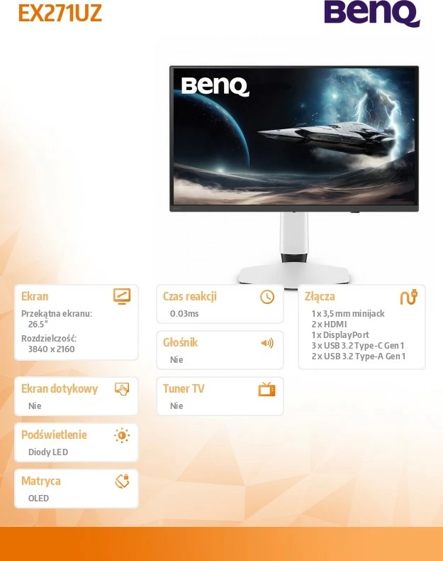 Monitor BenQ EX271UZ 26.5" 4K UHD 240Hz OLED QD‑OLED 0.03ms HDR1000 VRR eARC, ngjyrë zi/bardh